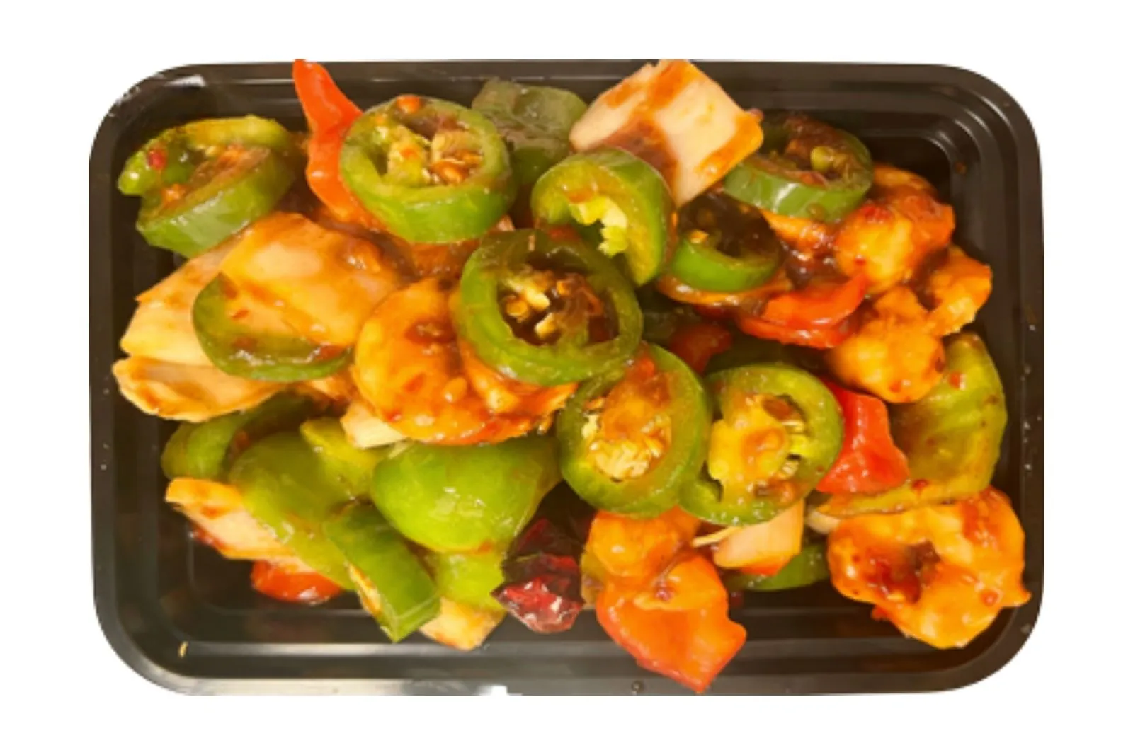 Spicy stir-fried shrimp with green and red peppers at Chen's Kitchen, a Chinese Restaurant in Houston