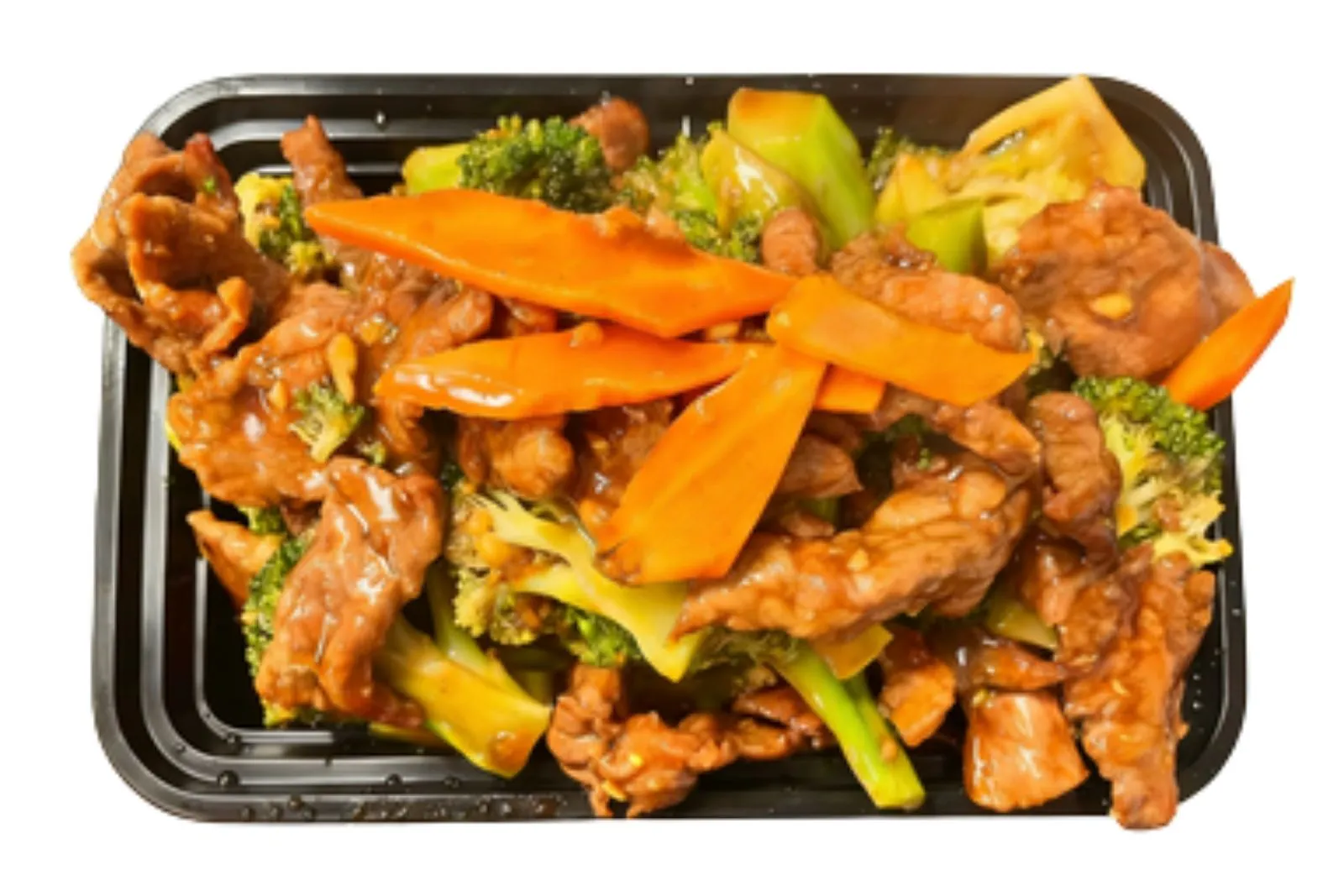 Tender beef stir-fried with broccoli and carrots at Chen's Kitchen, a Chinese Restaurant in Houston
