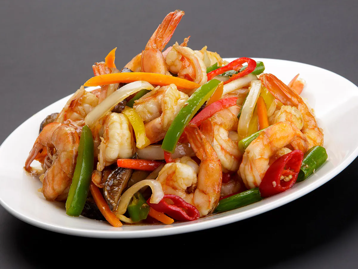 Tender shrimp stir-fried with colorful veggies in savory sauce at Chen's Kitchen, a Chinese Restaurant in Houston